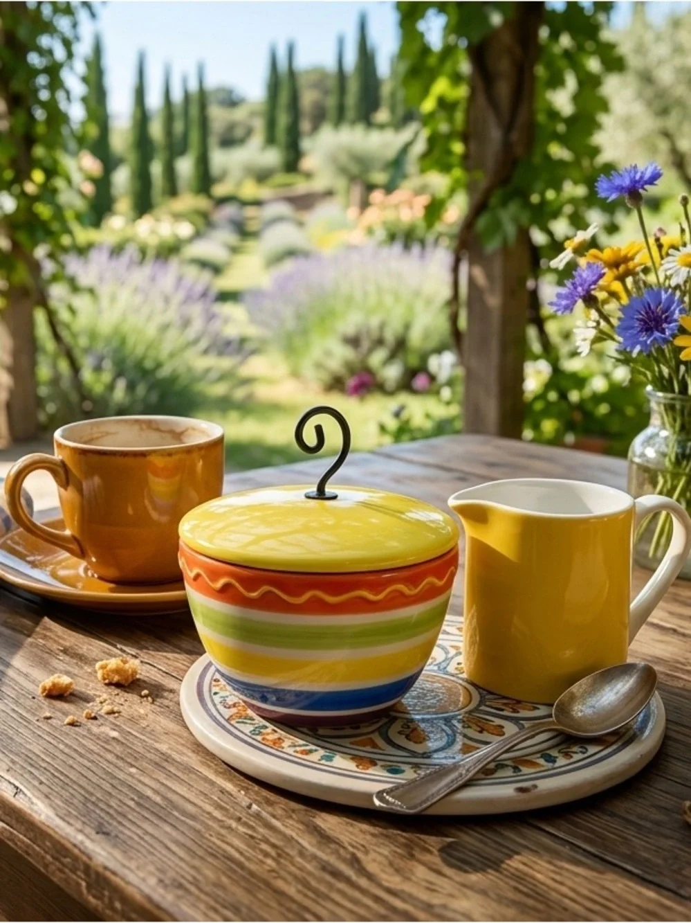 Colorful Ceramic Sugar Bowl and Creamer Set